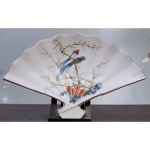 Vintage JAY Fine China Fan Trinket Dish: Display Birds, Floral Branch, Japan